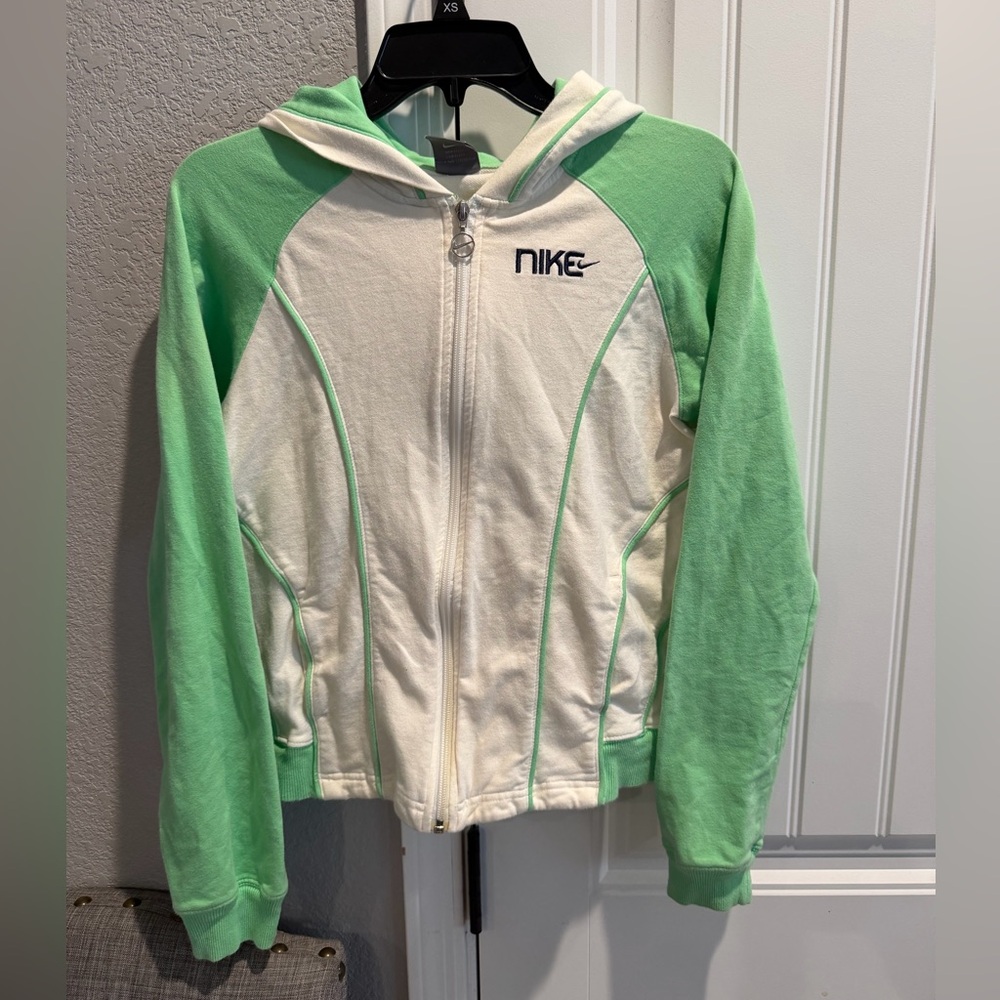 Nike Mint Green and White Zip-Up Hoodie sz lg (12-14)